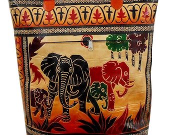 Shantniketan Leather Shopping Bag  Elephants Family Design Hand Painted Embossed Hippie Boho Women's India