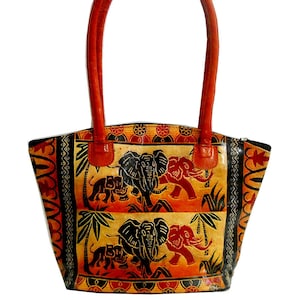 Colorful Jungle Elephants Design Ethnic Hand Embossed 100% Pure Shantiniketan Leather Indian Hand Bag