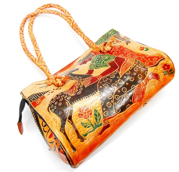 Shankuntala Loving Deer Design Ethnic Hand Embossed 100 Pure Shantiniketan Leather Indian Hand Bag