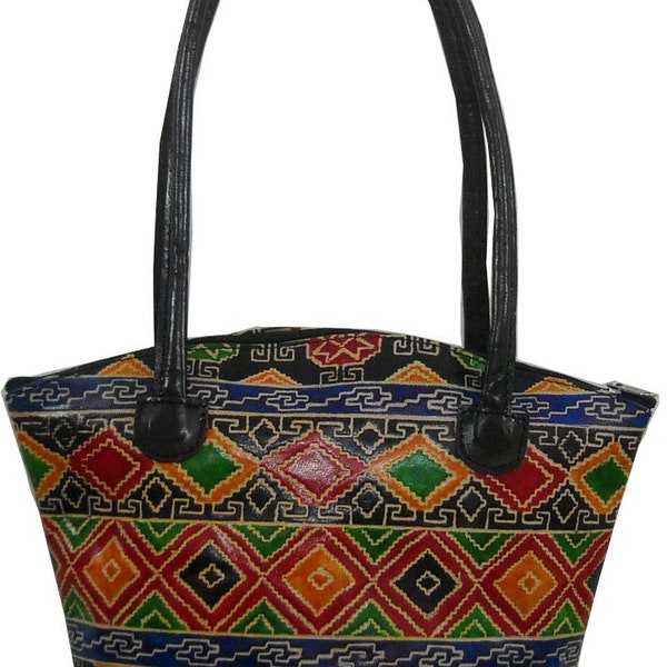 Conception géométrique colorée faite à la main 100% Pure Shantiniketan Leather Bag