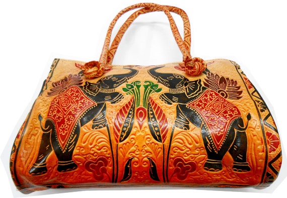 Crafts of India Royal Elephants antique Design 100% Genuine Pure  Shantiniketan Leather Shoulder Bag