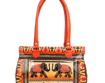 Shantniketan Umhängetasche aus Leder Royal Elephants Design Handgemalte Geprägte Hippie Boho Indien