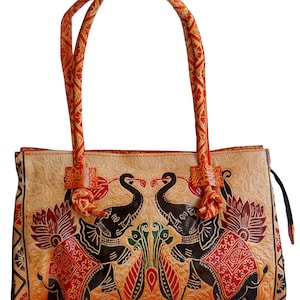 Twin Royal Elephants Design Ethnic Hand Embossed Shantiniketan Leather Indian Shoulder Bag