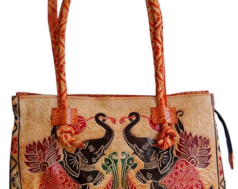 Twin Royal Elephants Design Etnische Hand Embossed Shantiniketan Lederen Indiase schoudertas