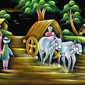 村の風景/インド絵画の壁飾り ベルベット生地に描かれた野生生物の抽象画