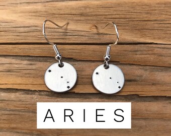 Aries Earrings, Silver, Zodiac Constellation, Ram, Fire Sign, Tarot, Witchy Vibes, Hand Stamped Jewelry