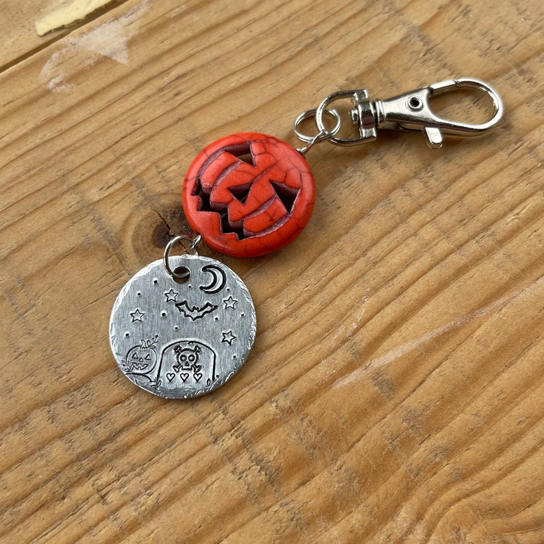 Halloween Candy Bag Charm, Halloween Keychain, hand stamp metal, metal stamped, spooky keychain, trick or treat, candy corn charm image 5