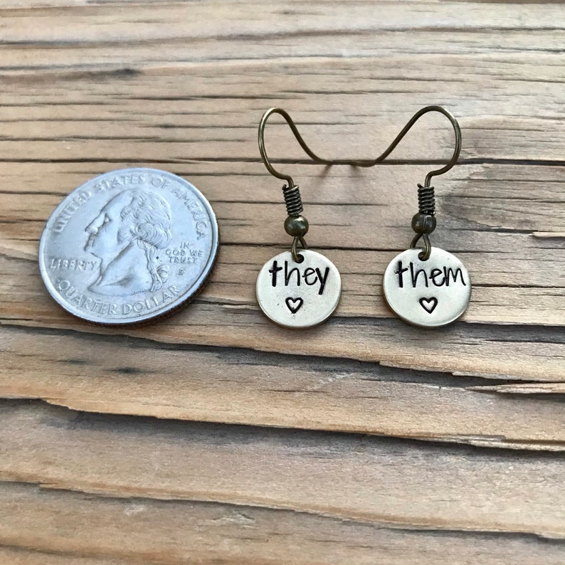 They Them Jewelry Golden brass Tiny word earrings hand Etsy