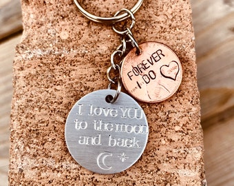 Hand stamped I Love You To The Moon and Back keychain, initial, name, customization