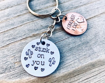 Hand stamped Stuck on you, cactus keychain, initial, name, customization
