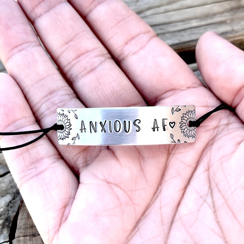 Anxious AF Bracelet, Hand Stamped bracelet, word bracelet, mental health awareness, gift for sister, Anxiety bracelet, valentines gift image 8