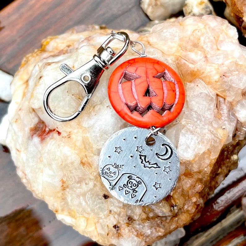 Halloween Candy Bag Charm, Halloween Keychain, hand stamp metal, metal stamped, spooky keychain, trick or treat, candy corn charm image 7