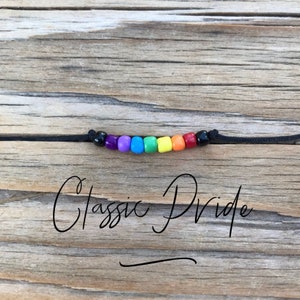 Pride rainbow bracelet, Beaded Rainbow Bracelet or Anklet With Black Adjustable Cord Love is Love, coming out gift 画像 1