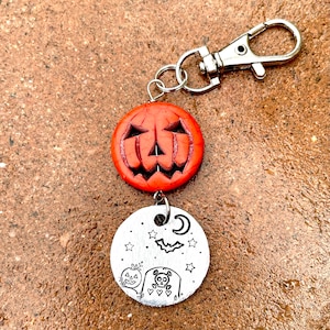 Halloween Candy Bag Charm, Halloween Keychain, hand stamp metal, metal stamped, spooky keychain, trick or treat, candy corn charm image 1