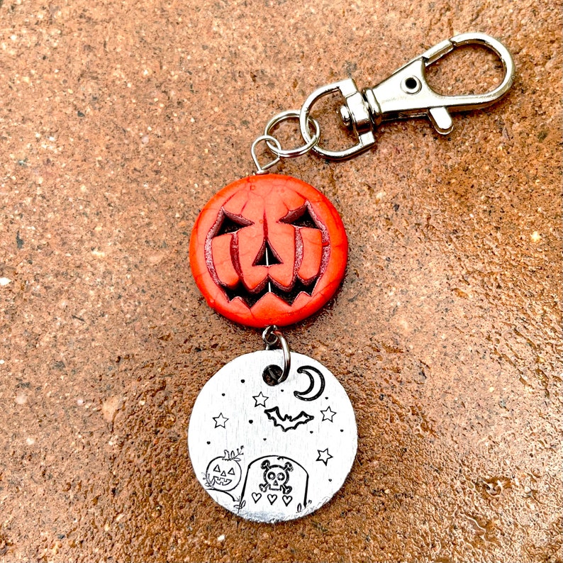 Halloween Candy Bag Charm, Halloween Keychain, hand stamp metal, metal stamped, spooky keychain, trick or treat, candy corn charm image 1