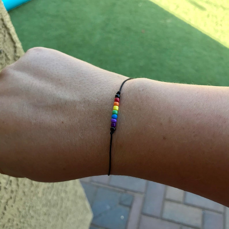 Pride rainbow bracelet, Beaded Rainbow Bracelet or Anklet With Black Adjustable Cord Love is Love, coming out gift 画像 3