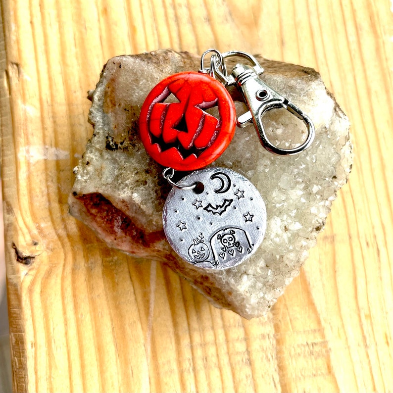 Halloween Candy Bag Charm, Halloween Keychain, hand stamp metal, metal stamped, spooky keychain, trick or treat, candy corn charm image 6