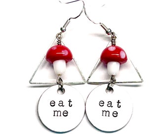 Amanita earrings, Mushy Earrings, Cottage core, fungi, Fly agaric, toadstool, forage, for sister, hand stamped, eat me, trippy, hand stamped