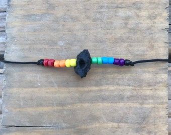 Pride jewelry, lava Rock, Custom Pride Beaded Rainbow Bracelet or Anklet With Black lava rock and Adjustable Cord, Love Is Love LGBTQIA