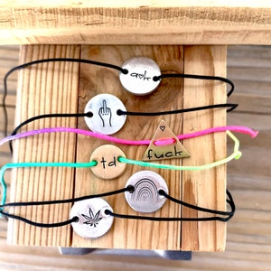 pot leaf bracelet, Tiny, Hand stamped, unisex, Marijuana Leaf jewelry, charm bracelet, Gift for Stoner, bff bracelets, Pot head gift image 3