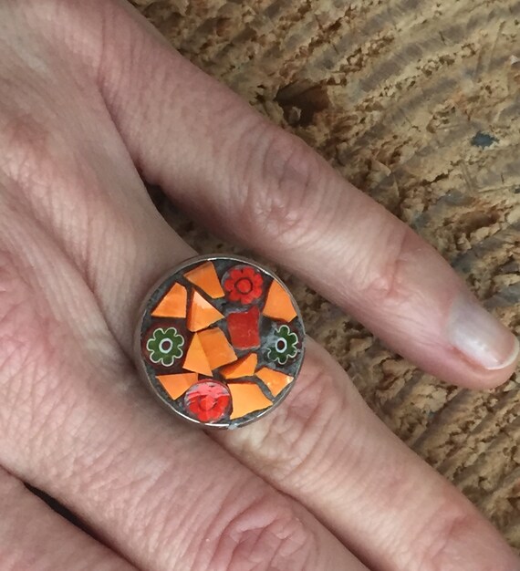 Stainless ring and mosaic smalt and millefiori