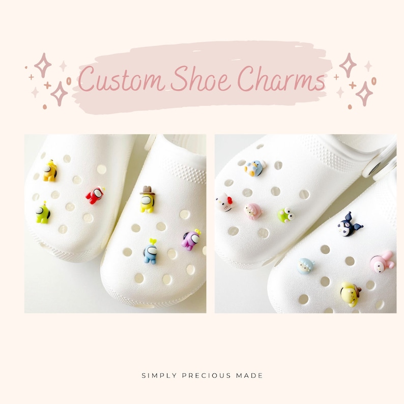 May include: White clogs with colourful custom shoe charms. The charms are small and feature characters from the video game Among Us and other cartoon characters. The text "Custom Shoe Charms" is written in pink on a white background.