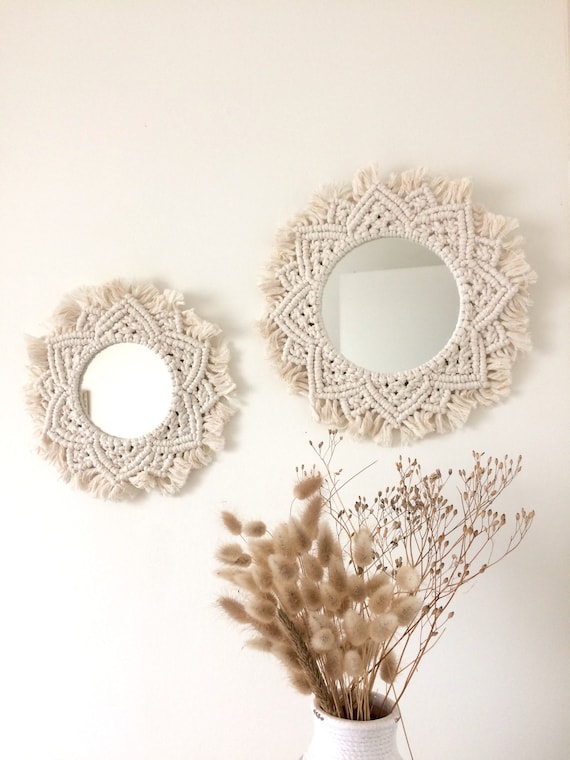 Miroir macramé, miroir bohème, miroir rond, plusieurs couleurs.