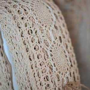 Large ruban en dentelle vintage fait main, fils de lin coton et lin, ruban de dentelle rustique beige, dentelle française au fuseau