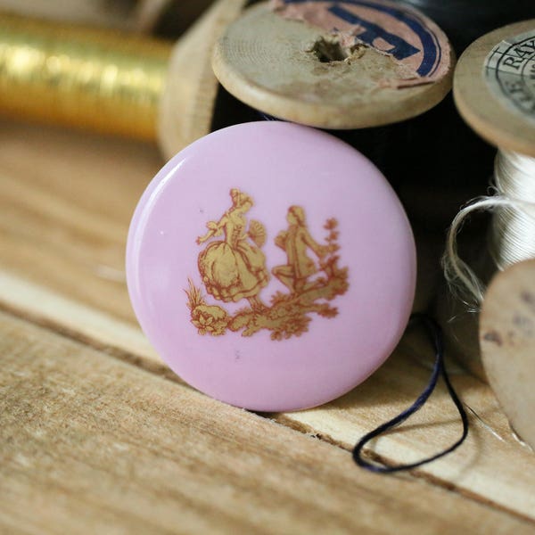 Grand Cabochon rose et or en porcelaine de Limoges vintage francais