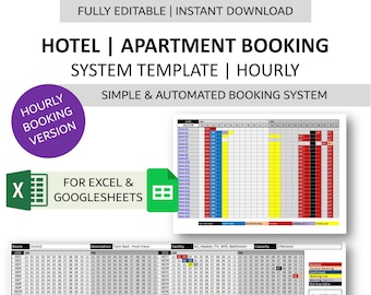 Hotel Hourly Booking System Template | Apartment Hourly Rental Reservation Manager for Excel and Googlesheets
