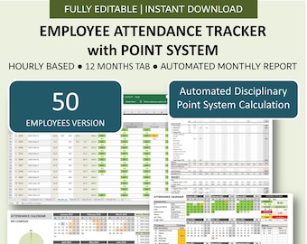 May include: A spreadsheet template for tracking employee attendance with a point system. The template includes a calendar, a disciplinary point ranking system, and a monthly report. The template is for Excel and Google Sheets and is fully editable. The template is for 50 employees.
