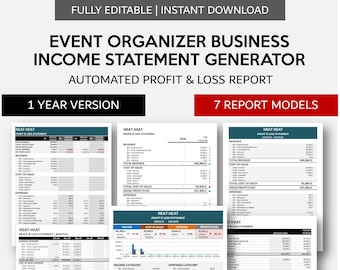 Puede incluir: Una plantilla digital para un generador de estado de resultados de negocio de organizador de eventos. La plantilla incluye 7 modelos de informes diferentes, incluyendo una versión de 1 año y una versión mensual. La plantilla es totalmente editable y se puede utilizar en Excel o Google Sheets. La plantilla incluye un estado de resultados, ingresos, costo de ventas y gastos.