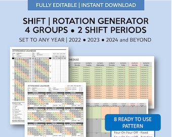 Skiftschemagenerator | Timanställdas arbetsrotationsplanerare | Automatiserad arbetsrotation 2 skift 4 grupper | Utskrivbar närvarorapportering