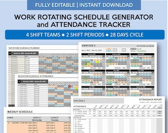 May include: A digital work rotating schedule generator and attendance tracker. The blue and white document includes a rotation schedule planner, weekly schedule, and attendance report. Features include automated work hours calculation and variety schedule layouts.