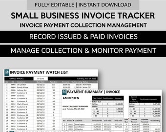 Rastreador de pagos de facturas para pequeñas empresas y hoja de cálculo de administración de cobros / Administrador de cuentas por cobrar para Excel y Googlesheets