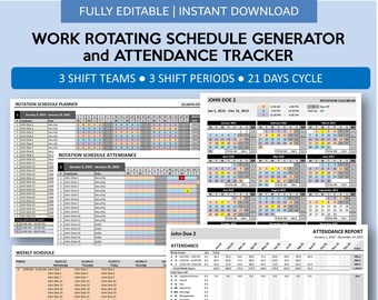 May include: A colorful spreadsheet template for Excel and Google Sheets to help create a work rotating schedule generator and attendance tracker. The template includes a 21-day cycle, 3 shift teams, and 3 shift periods. It also includes a rotation schedule planner, attendance report, and weekly schedule. The template can be used to track employee attendance, work hours, and schedule rotations. The template is fully editable and can be downloaded instantly.  The template can be used for up to 25 employees.