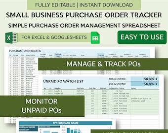 Purchase Order Tracker Spreadsheet | Simple Small Business Purchase Order Management | Supplier Payment Tracker | Google Sheets and Excel