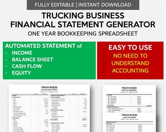 Trucking Business Financial Statement Generator | Automated Profit & Loss - Balance Sheet - Cash Flow Statement for Excel and Googlesheets