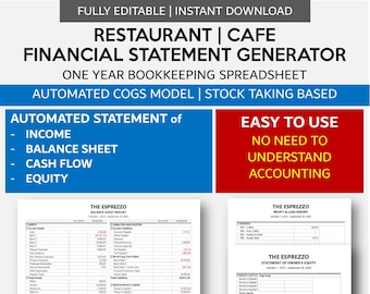 Restaurant Business Financial Statement Generator | Automated Income - Balance Sheet - Cash Flow Report | Auto COGS | Stock Taking Based