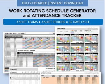 May include: A colorful spreadsheet template for creating a work schedule and tracking employee attendance. The template includes a rotation schedule planner, attendance tracker, and weekly schedule. It is designed for 3 shift teams, 3 shift periods, and a 32-day cycle. The template is fully editable and can be used for up to 25 employees. The text "MAX 25 EMPLOYEES" is visible in the bottom right corner of the image. The template is compatible with Excel and Google Sheets.