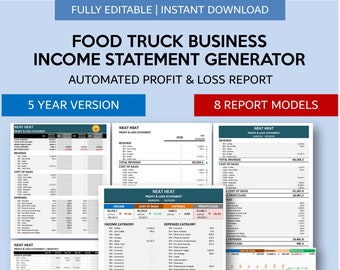 Food Truck Business Income Statement Generator | Automated Profit & Loss | Simple Bookkeeping | 5 Years Period | Excel | Googlesheets