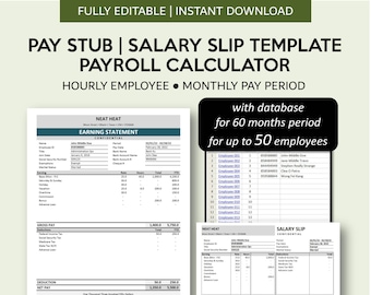 Pay Stub Generator | Salary Slip Creator with Hourly Employee Database | Payroll Manager | Monthly Pay Period | Excel | Googlesheets