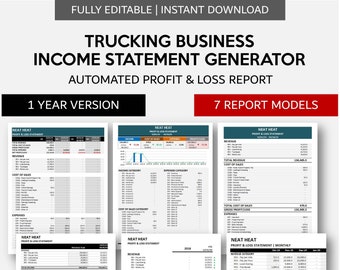 May include: A digital template for a trucking business income statement generator. The template includes 7 different report models, including a 1-year version and a monthly profit and loss statement. The template is fully editable and can be used in Excel or Google Sheets. The template is designed to help trucking businesses track their income and expenses, and generate reports that can be used to make informed business decisions.