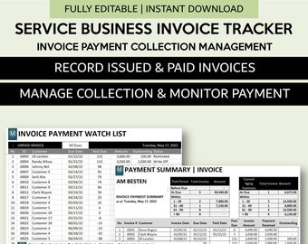 Service Business Invoice Payment Tracker and Collection Management Spreadsheet / Account Receivable Manager para Excel y Googlesheets