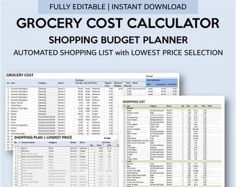 Grocery Cost Calculator with Automated Lowest Price Filter | Shopping Budget Planner | Grocery List Generator for Excel and Googlesheets