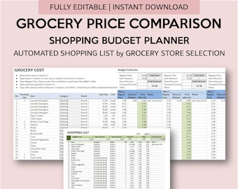 Grocery Price Comparison with Automated Shopping List Generator | Shopping Budget Planner | Grocery List Generator | Excel and Googlesheets