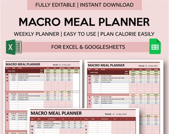 Macro Meal Planner for Excel and Googlesheets | Fully Editable Weekly Diet Planner with Meal Ideas List and Automatic Calorie Tracker