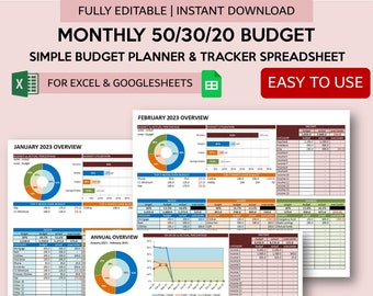 50/30/20 Monthly Budget Template | Expenses Tracker | Digital Budget Planner | Budget Spreadsheet for Excel and Google Sheets