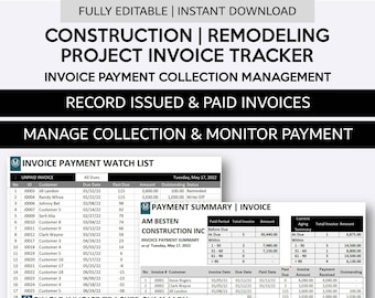 Construction Project Invoice Payment Tracker and Collection Management | Remodeling & Renovation Receivable Manager | Excel and Googlesheets