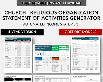 May include: A digital template for a church or religious organization's statement of activities. The template is fully editable and includes seven different report models. The template is designed for use with Microsoft Excel and Google Sheets. The template includes a title that reads "Church | Religious Organization Statement of Activities Generator".